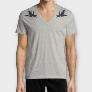 Alexander McQueen Bird Print V-Neck T-Shirt Grey